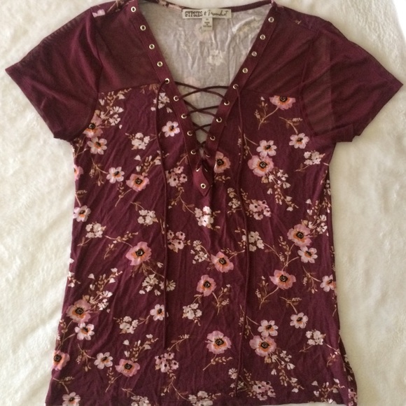 Gypsies & Moondust Tops - NWOT Lace Up Maroon Floral Blouse - String Sheer